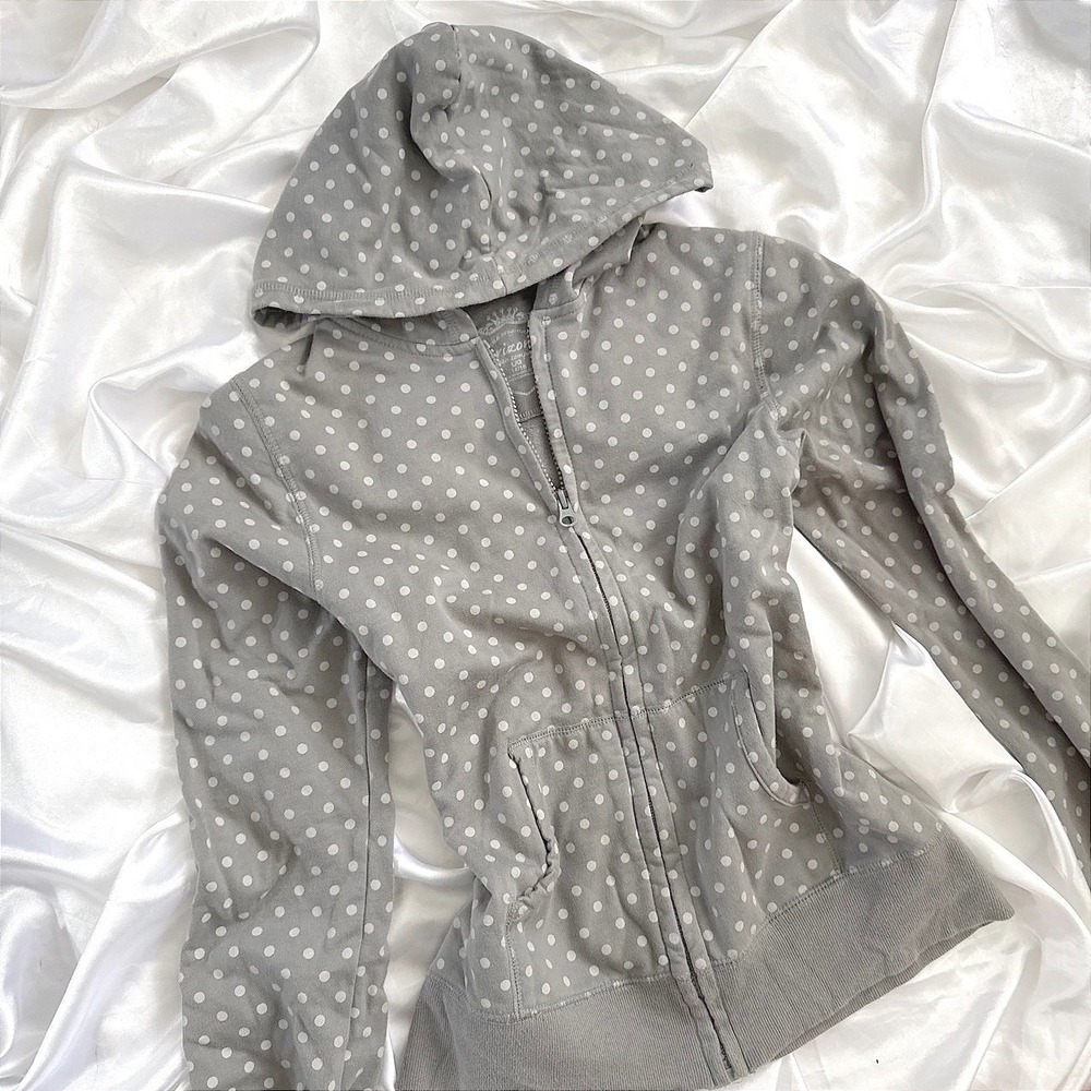 Arizona Jean Company Grey Polka Dot Full Zip Hoodie Sweatshirt Girls L 14/16
